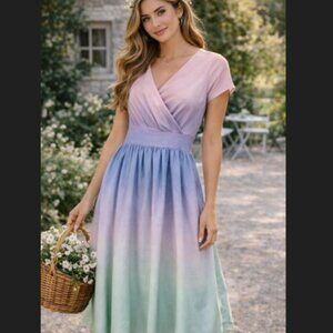 Magnolia Park Pastel Ombre‎ Midi Dress M Pink Blue Boho Cottagecore Chic